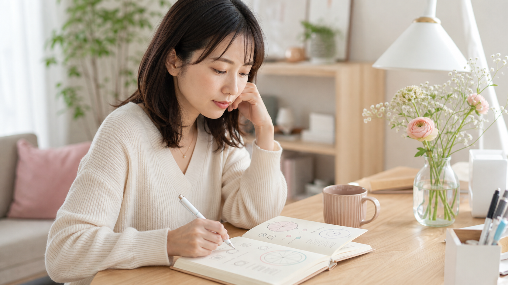 MBTIや恋愛タイプを書き出して気持ちを整理する女性