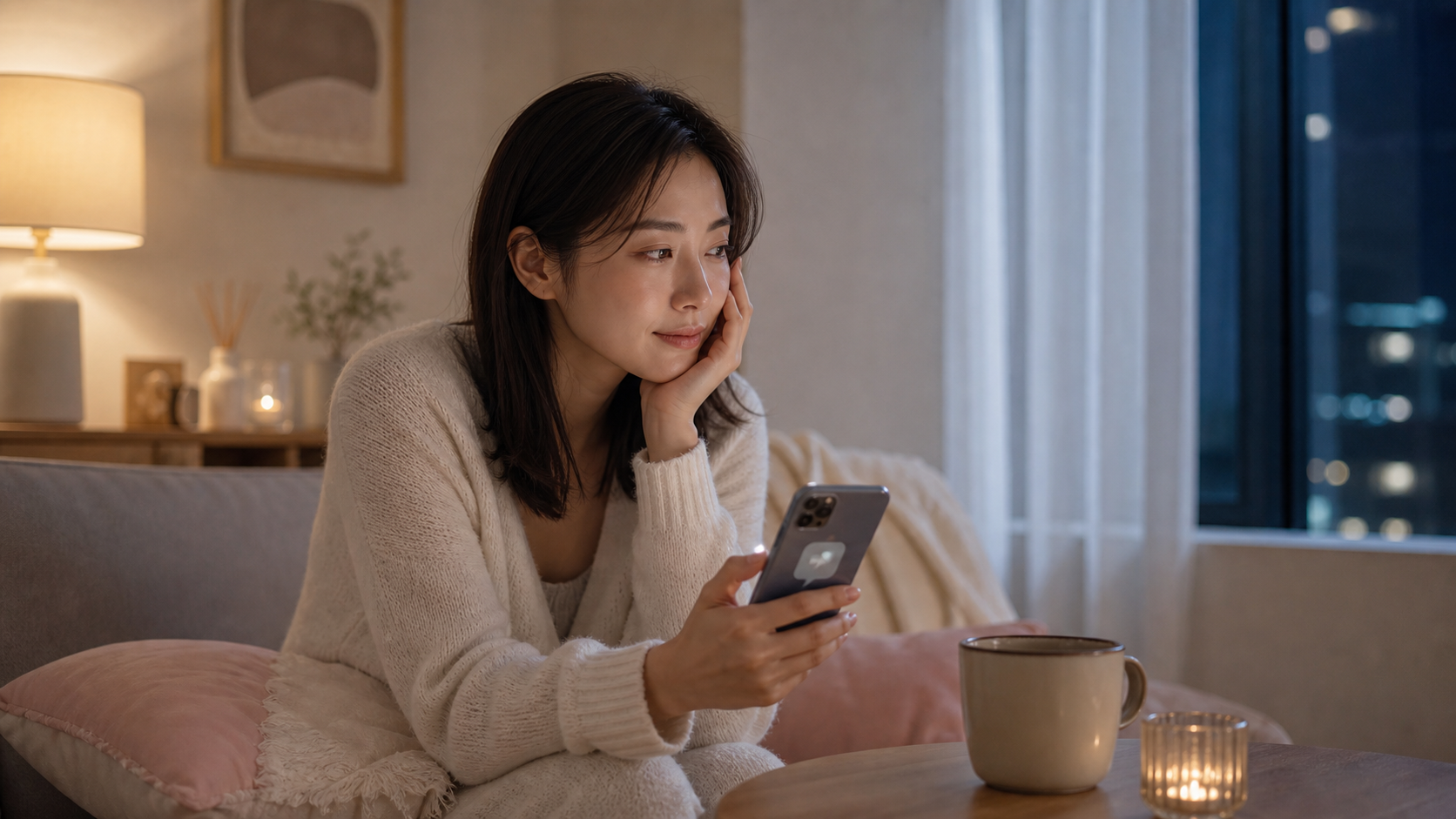 スマホの連絡を待ちながら気持ちを整える女性