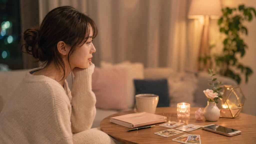 元彼の気持ちや復縁に悩み、夜に一人で気持ちを整理する女性のイメージ