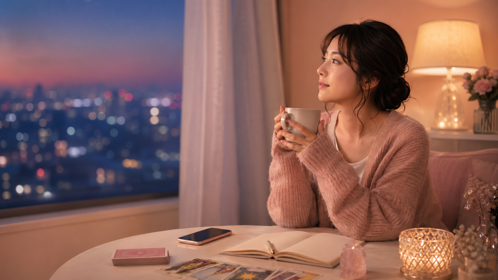 元彼の態度が曖昧で復縁に悩む女性が夜にスマホとタロットカードを見つめるイメージ