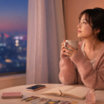 元彼の態度が曖昧で復縁に悩む女性が夜にスマホとタロットカードを見つめるイメージ