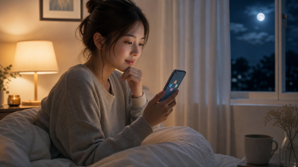 夜の部屋でスマホを見つめる女性と性格診断を思わせる画面