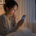 夜の部屋でスマホを見つめる女性と性格診断を思わせる画面