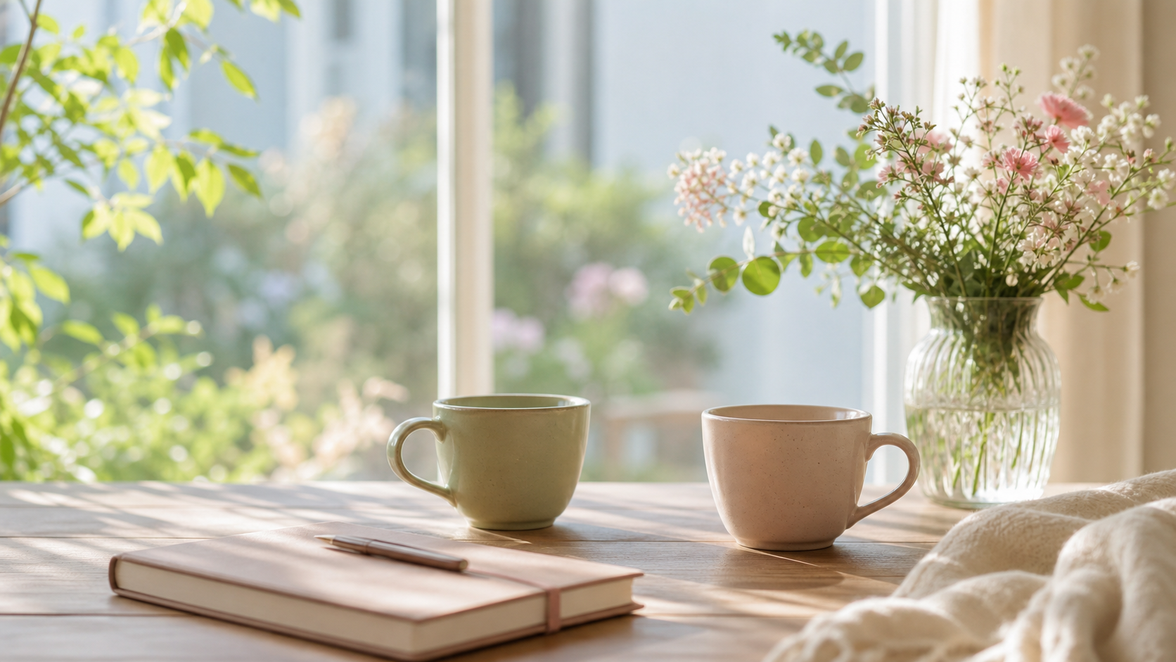 復縁に向けた会話をやさしく思わせる2つのカップと花