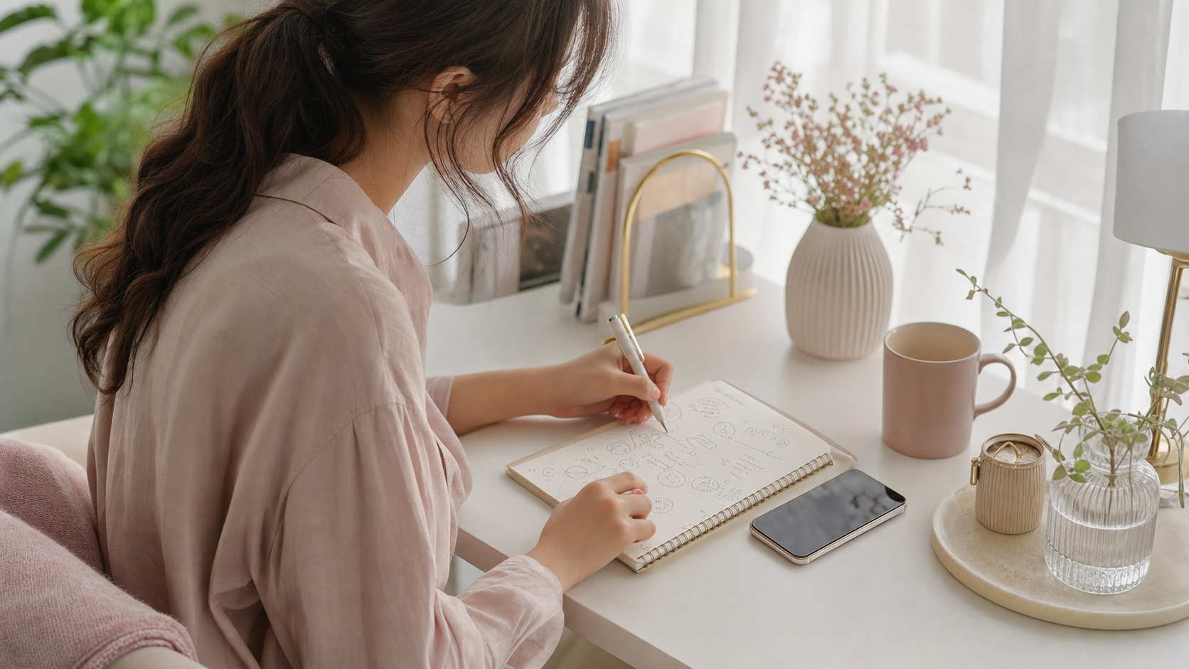 MBTIと恋愛タイプをノートに書き出して気持ちを整理する女性