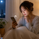 夜の部屋でスマホを見つめる女性