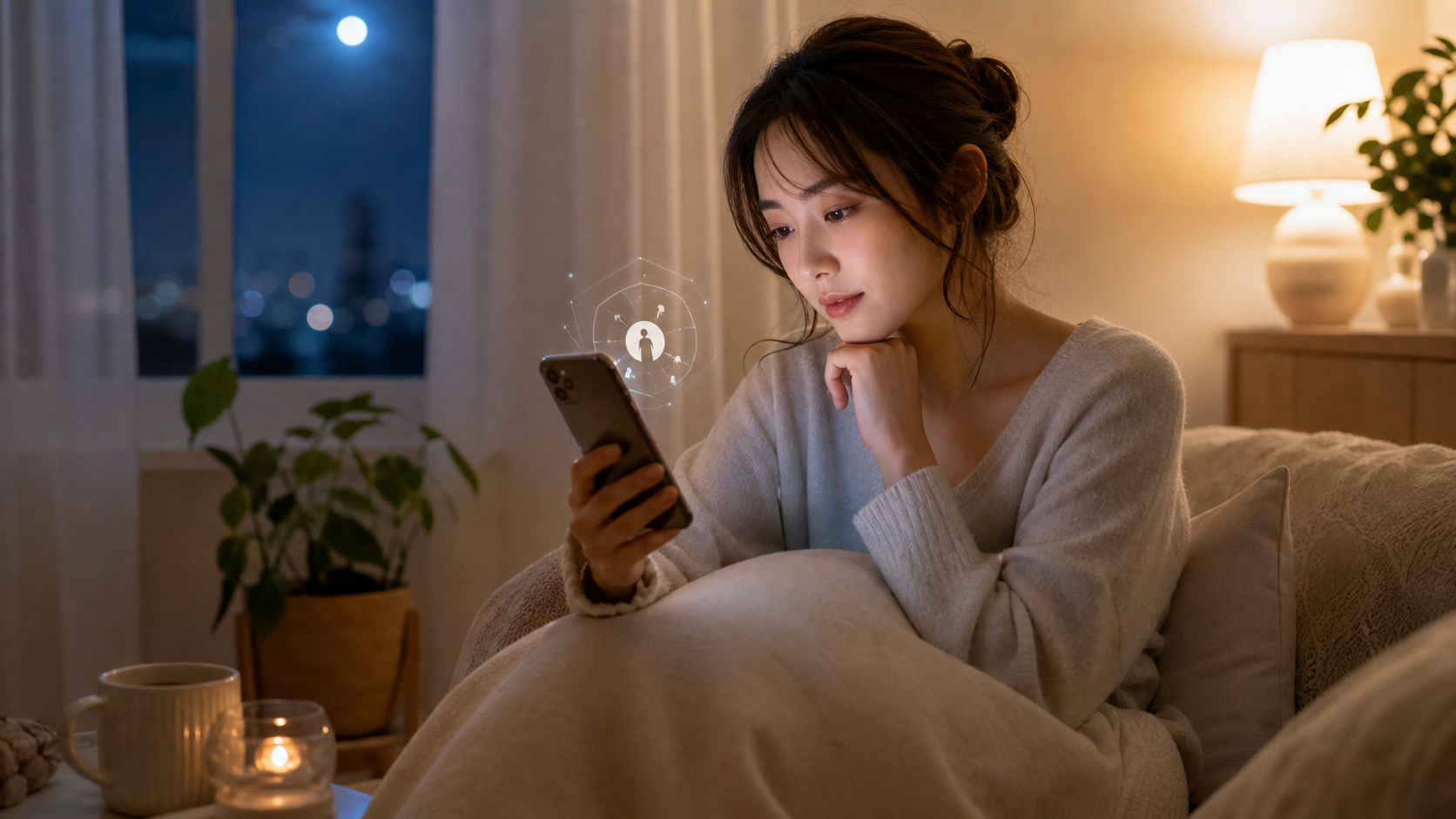 夜の部屋でスマホを見つめる女性