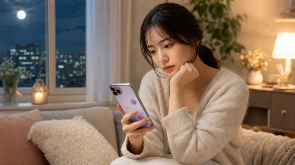 夜の部屋でスマホを見る女性