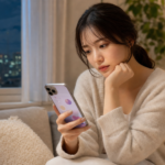 夜の部屋でスマホを見る女性
