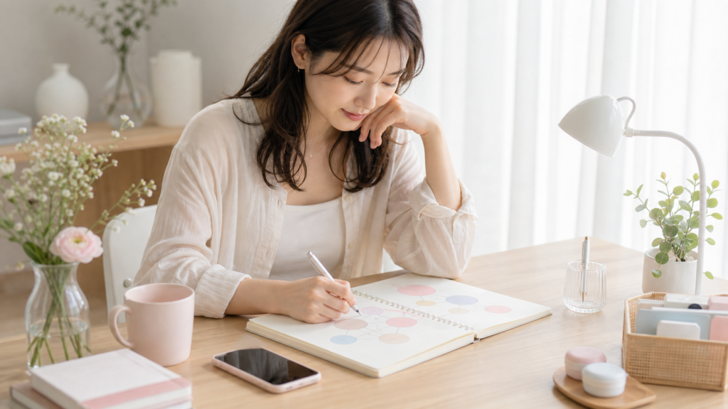 MBTIや恋愛タイプをノートに整理する女性