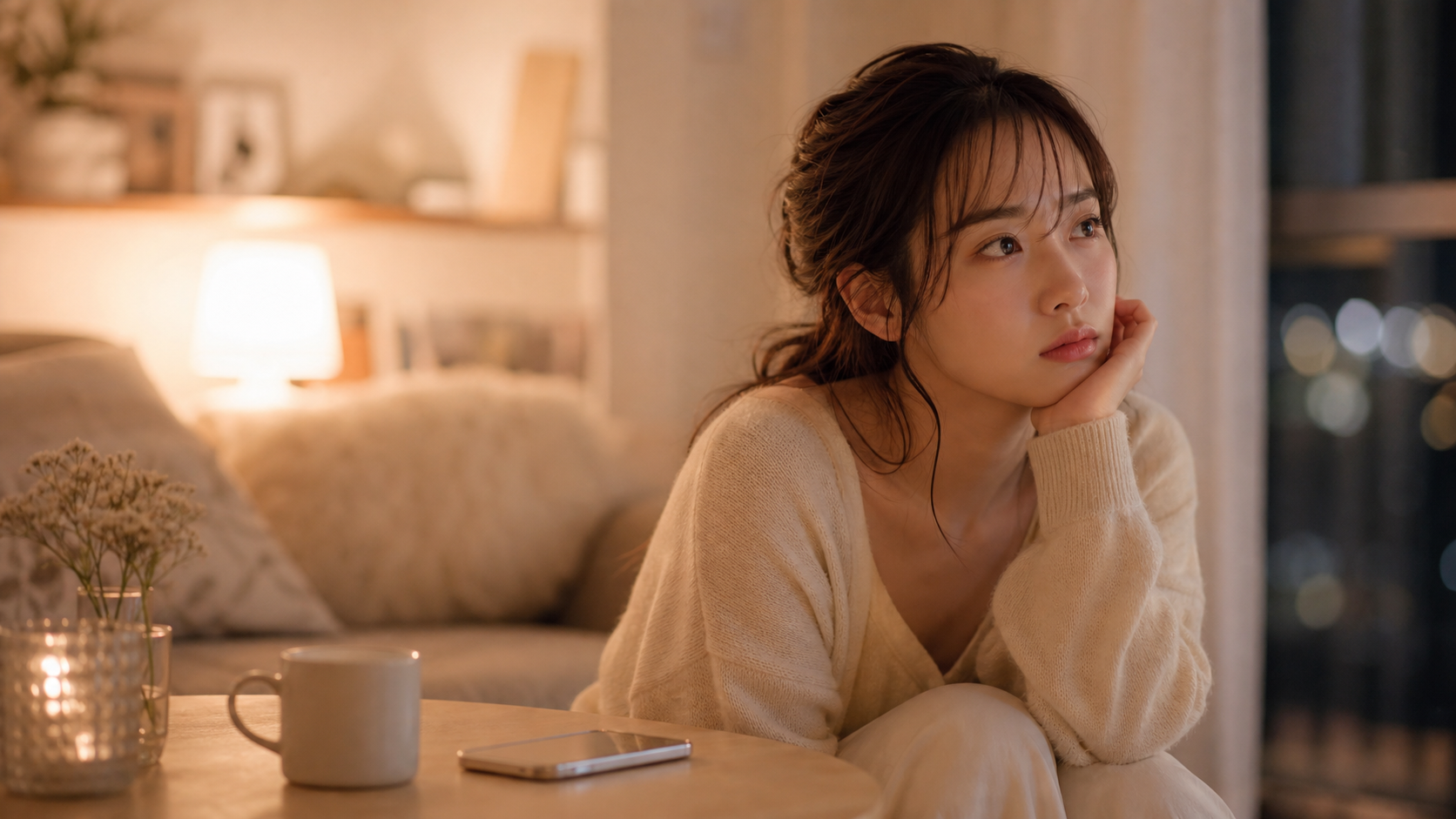 夜の部屋でスマホの通知を待つ女性