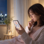 夜の部屋でスマホを見つめながら元彼との復縁に悩む女性