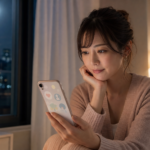 夜の部屋でスマホを見つめる女性と性格診断を思わせる画面