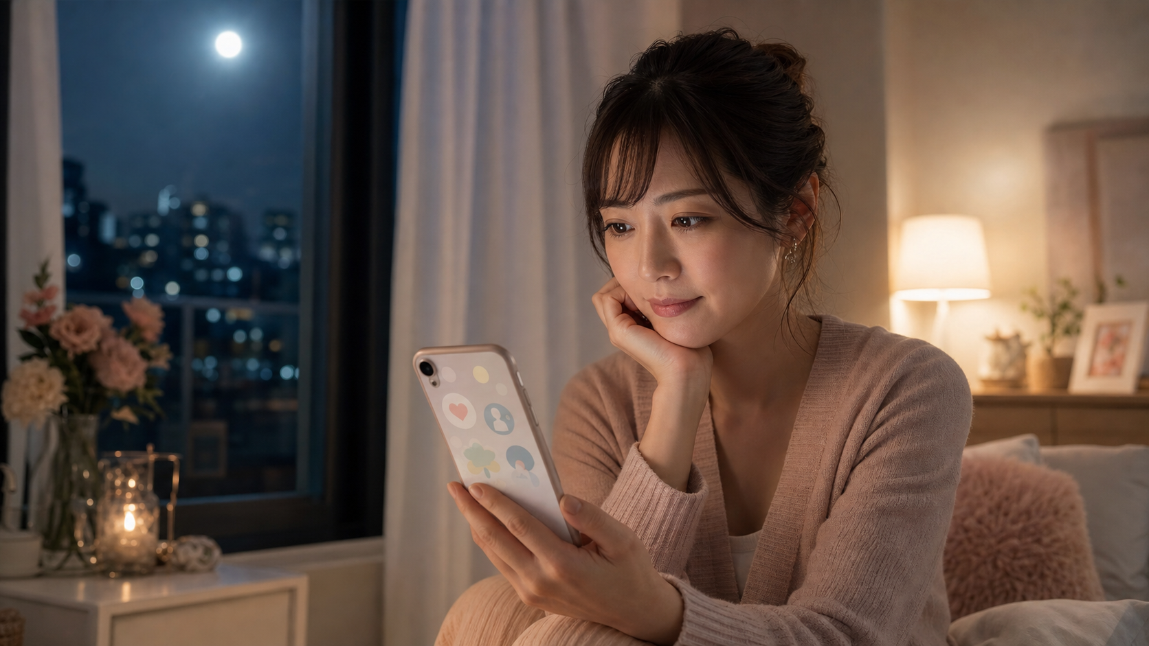 夜の部屋でスマホを見つめる女性と性格診断を思わせる画面