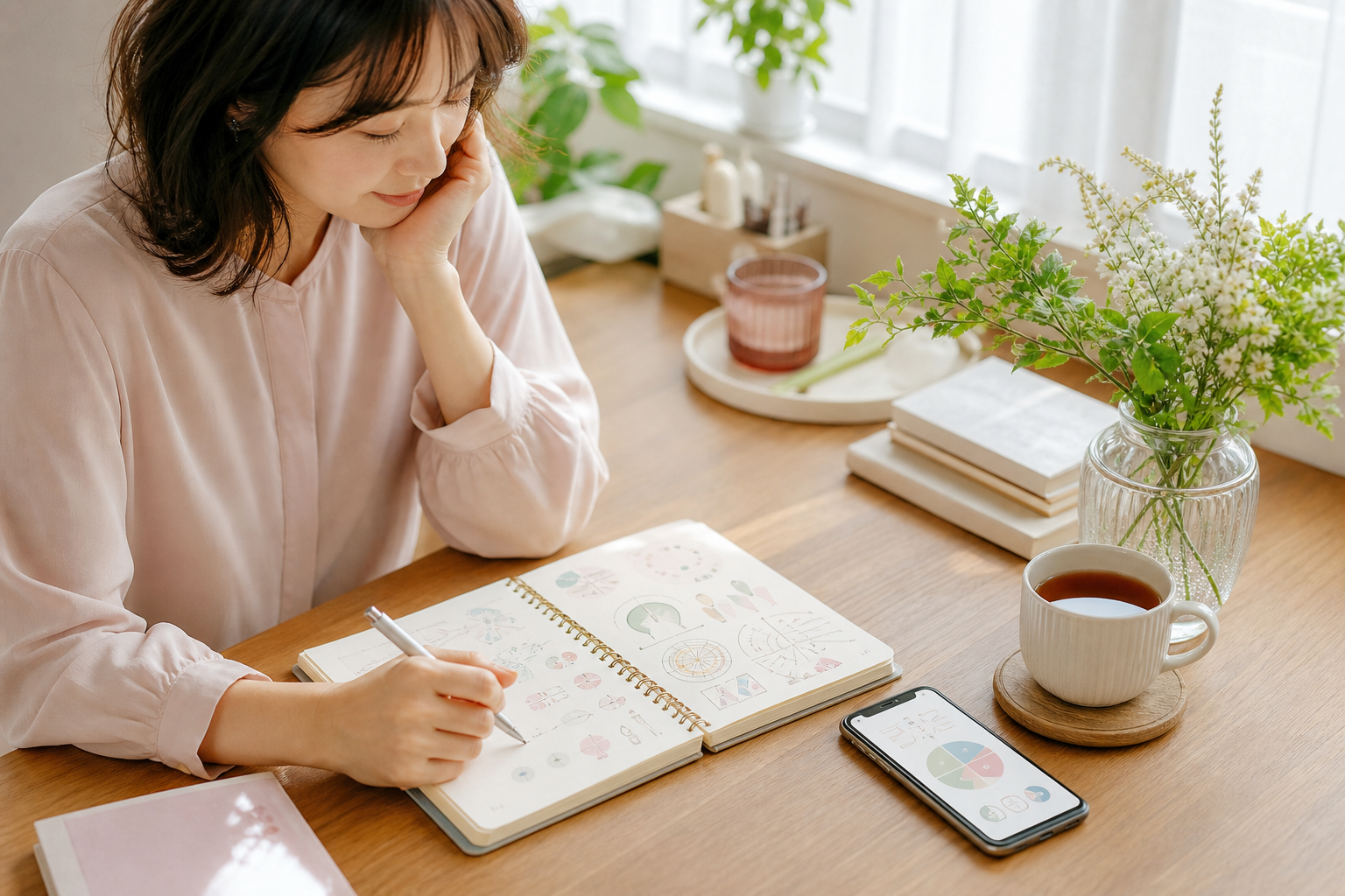 MBTIやラブタイプ診断をノートに整理する女性