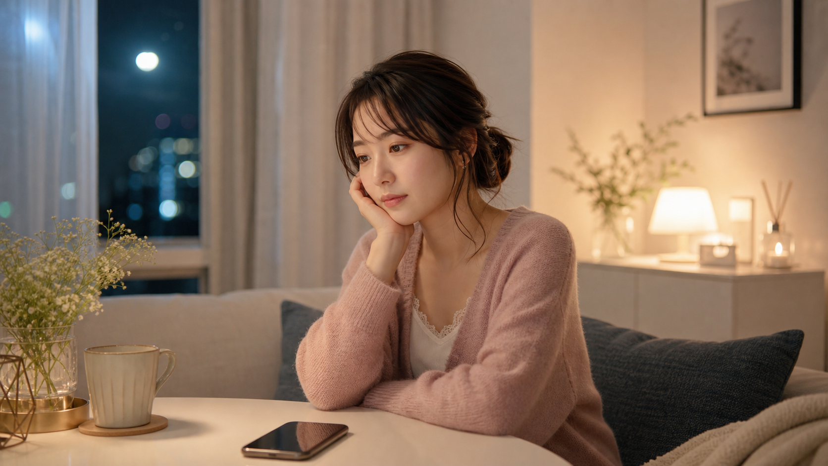 スマホの通知を待ちながら気持ちを整える女性