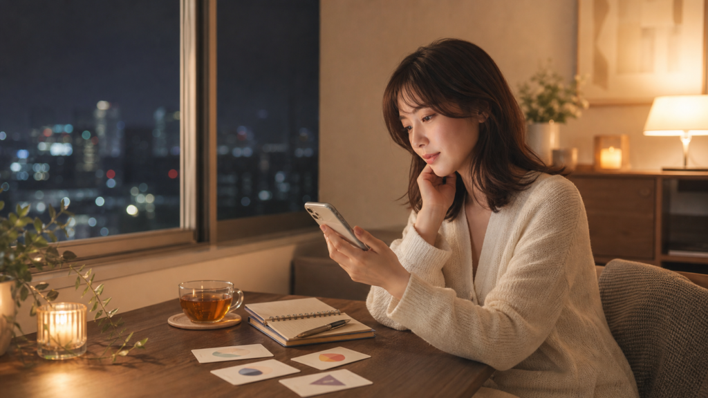 夜の部屋でスマホを見ながら元彼の気持ちを考える女性