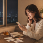夜の部屋でスマホを見ながら元彼の気持ちを考える女性