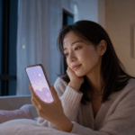 夜の部屋でスマホを見つめる女性と性格診断を思わせる画面
