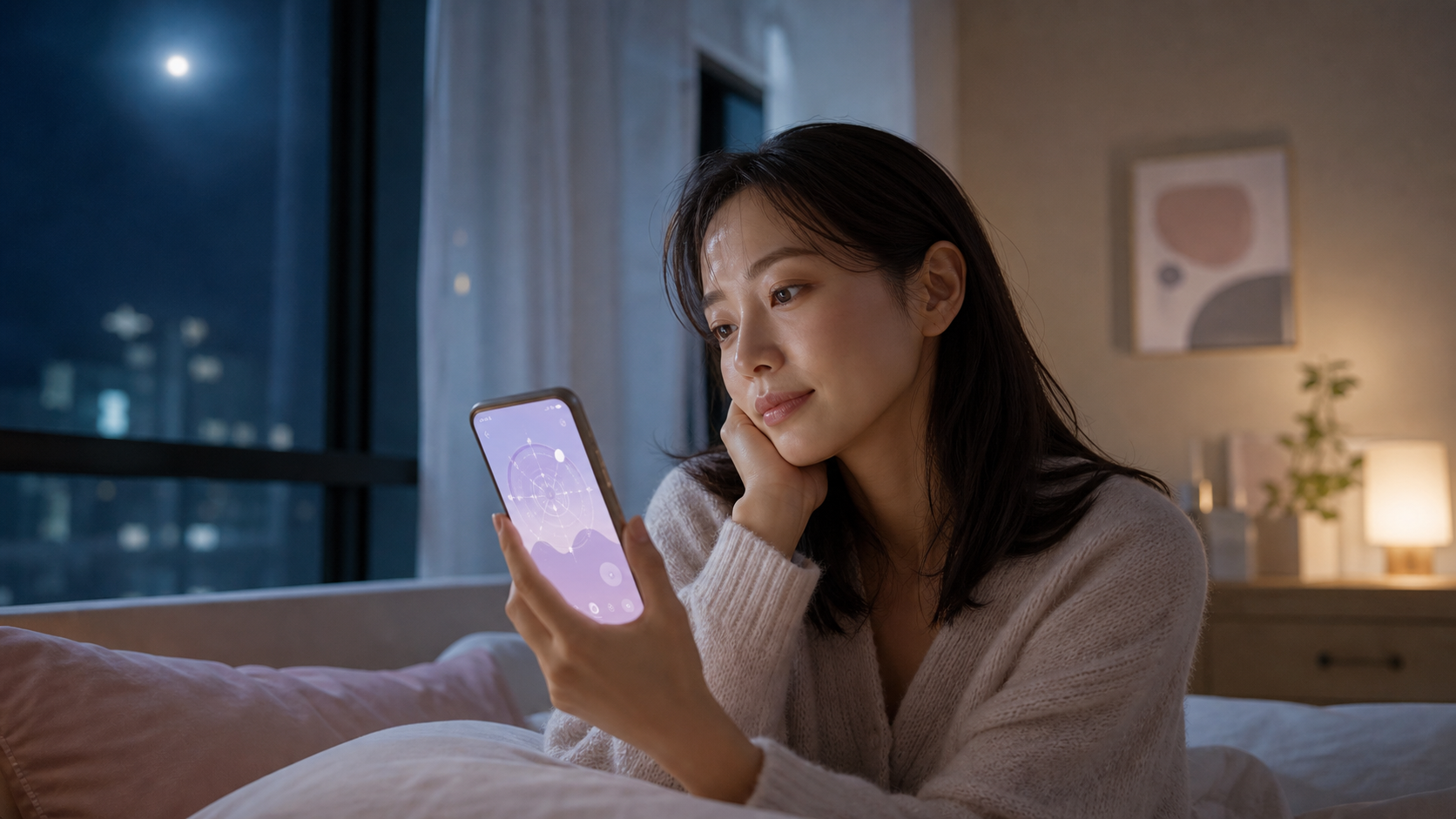 夜の部屋でスマホを見つめる女性と性格診断を思わせる画面
