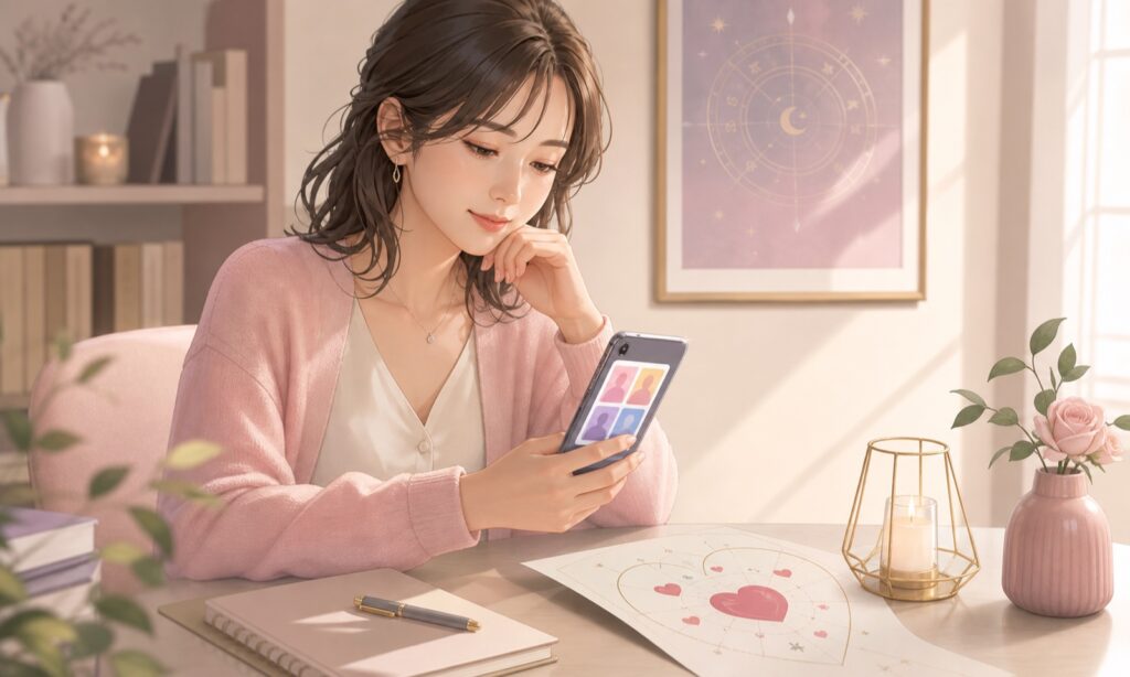 MBTIやラブタイプ診断で恋愛相性を考える女性のイラスト