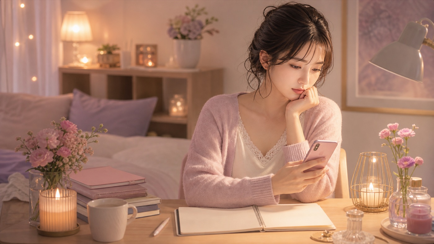 MBTIやラブタイプ診断の結果を見ながら恋愛相性を考える女性
