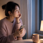スマホの通知を待ちながら落ち着こうとしている女性