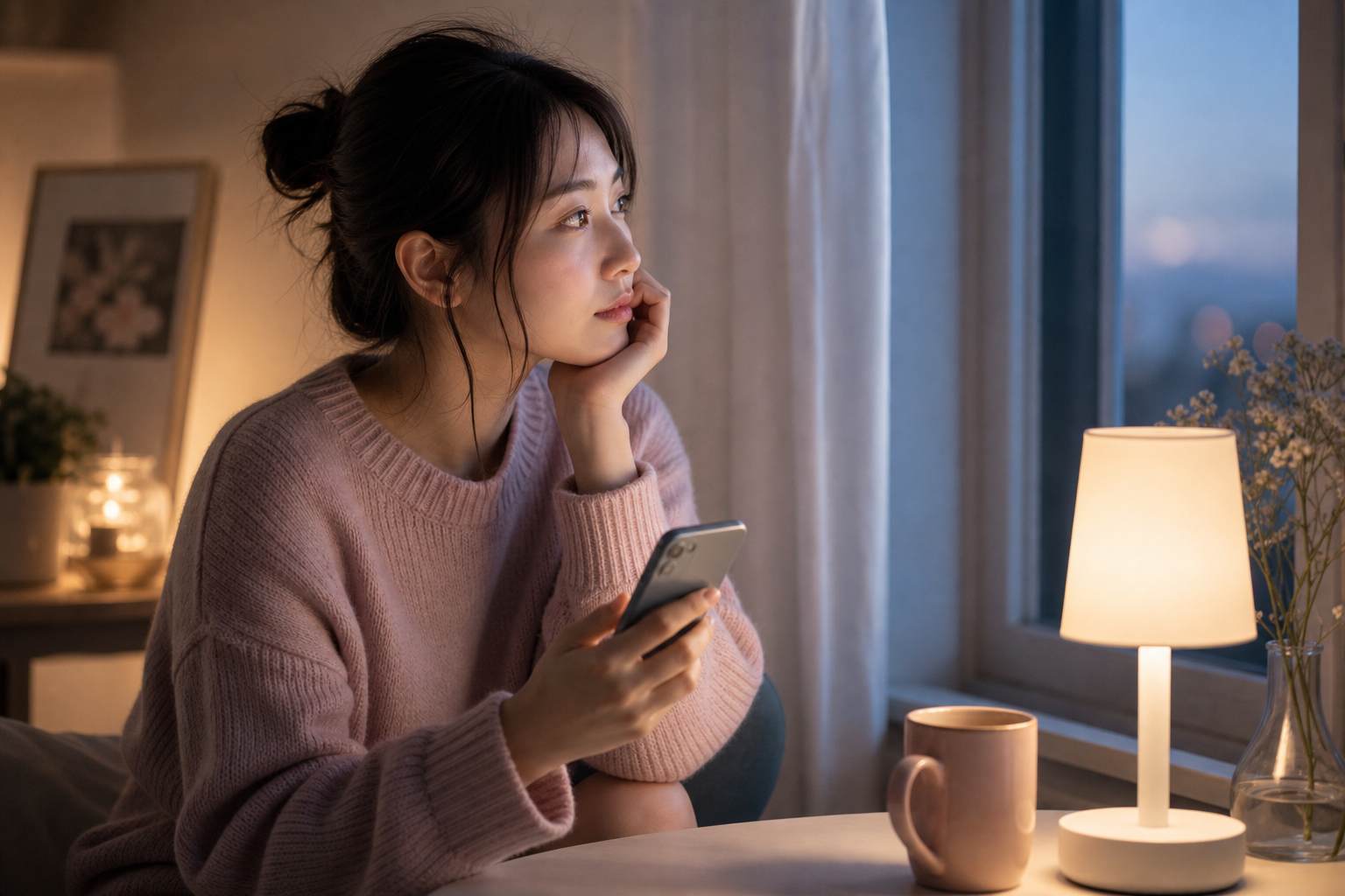 スマホの通知を待ちながら落ち着こうとしている女性