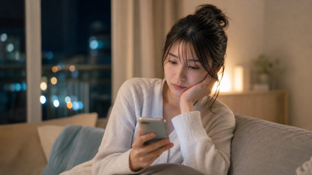 夜の部屋でスマートフォンを見つめながら元彼からの連絡を待つ日本人女性