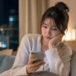 夜の部屋でスマートフォンを見つめながら元彼からの連絡を待つ日本人女性
