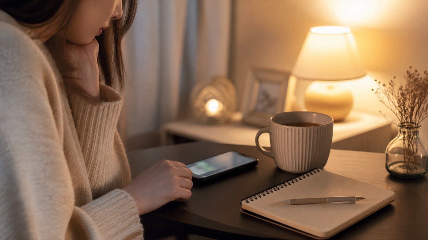 夜の部屋でスマートフォンの通知を待ちながらノートを開く女性/