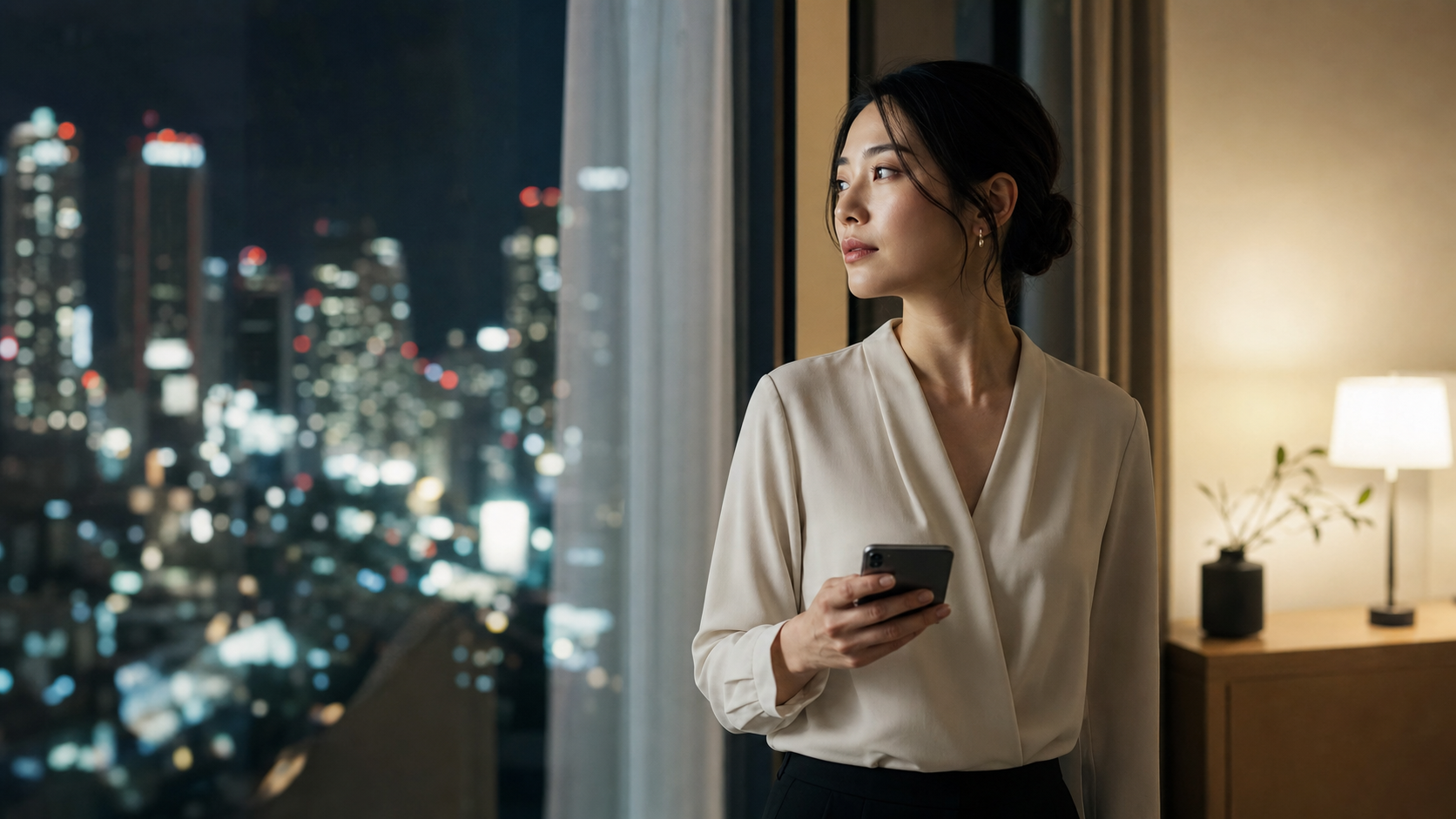 夜景を見つめながらスマホを持ち、既婚者への恋に悩む日本人女性