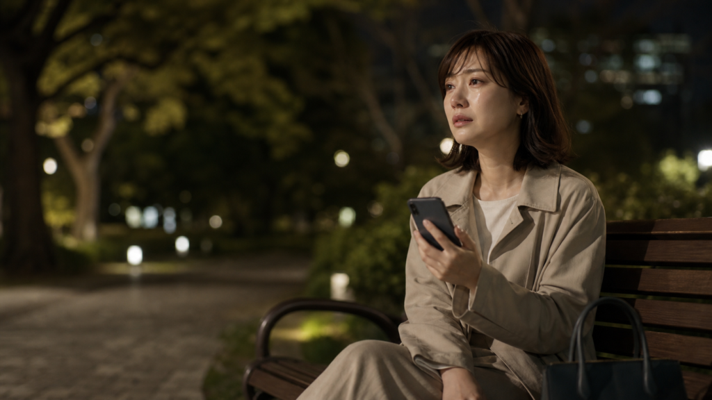 夜の公園のベンチでスマートフォンを握り既婚者との恋に悩む日本人女性