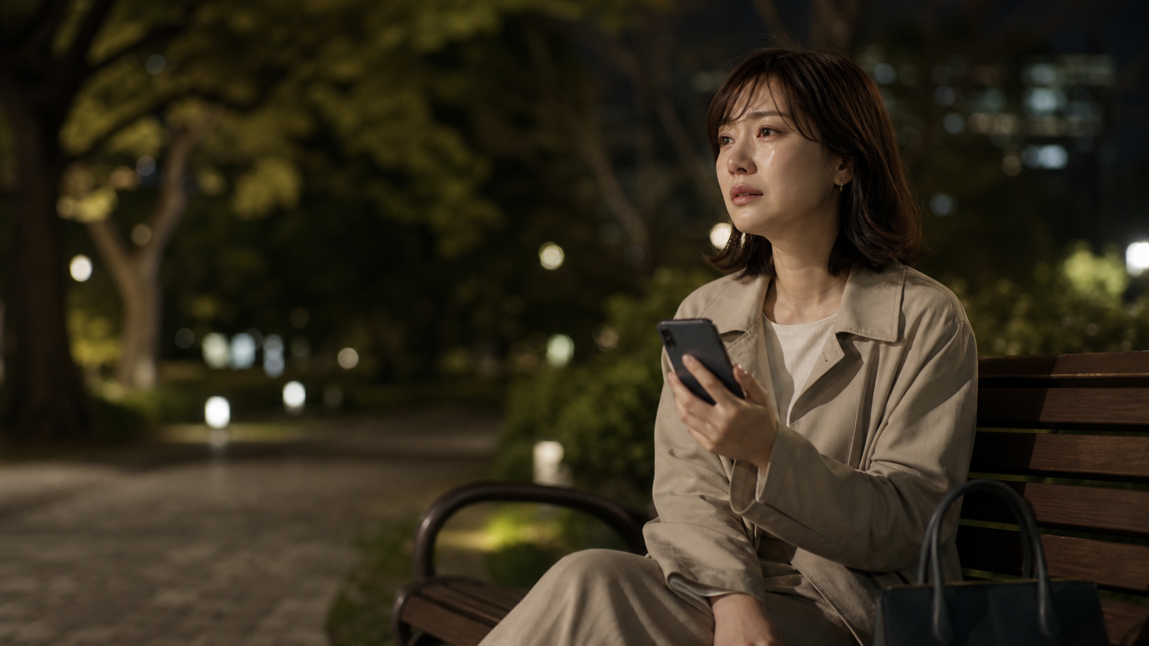 夜の公園のベンチでスマートフォンを握り既婚者との恋に悩む日本人女性