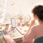 恋愛性格診断と占いをイメージした女性のデスク風景