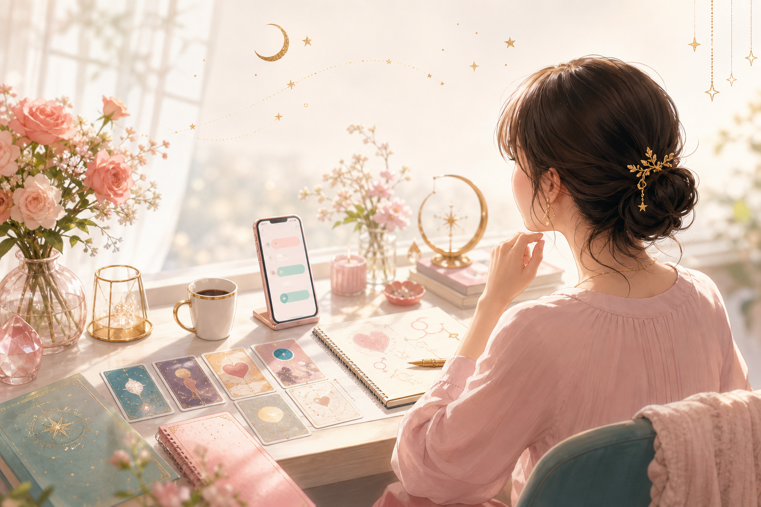恋愛性格診断と占いをイメージした女性のデスク風景